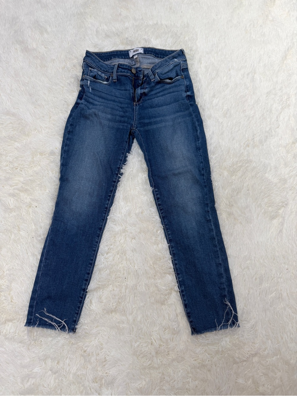 PAIGE Straight Leg Mid-Dark Blue Jeans